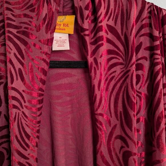 Ruby Rd. Red burnout stretch velvet waterfall open front cardigan top womens 1X - Picture 2 of 3